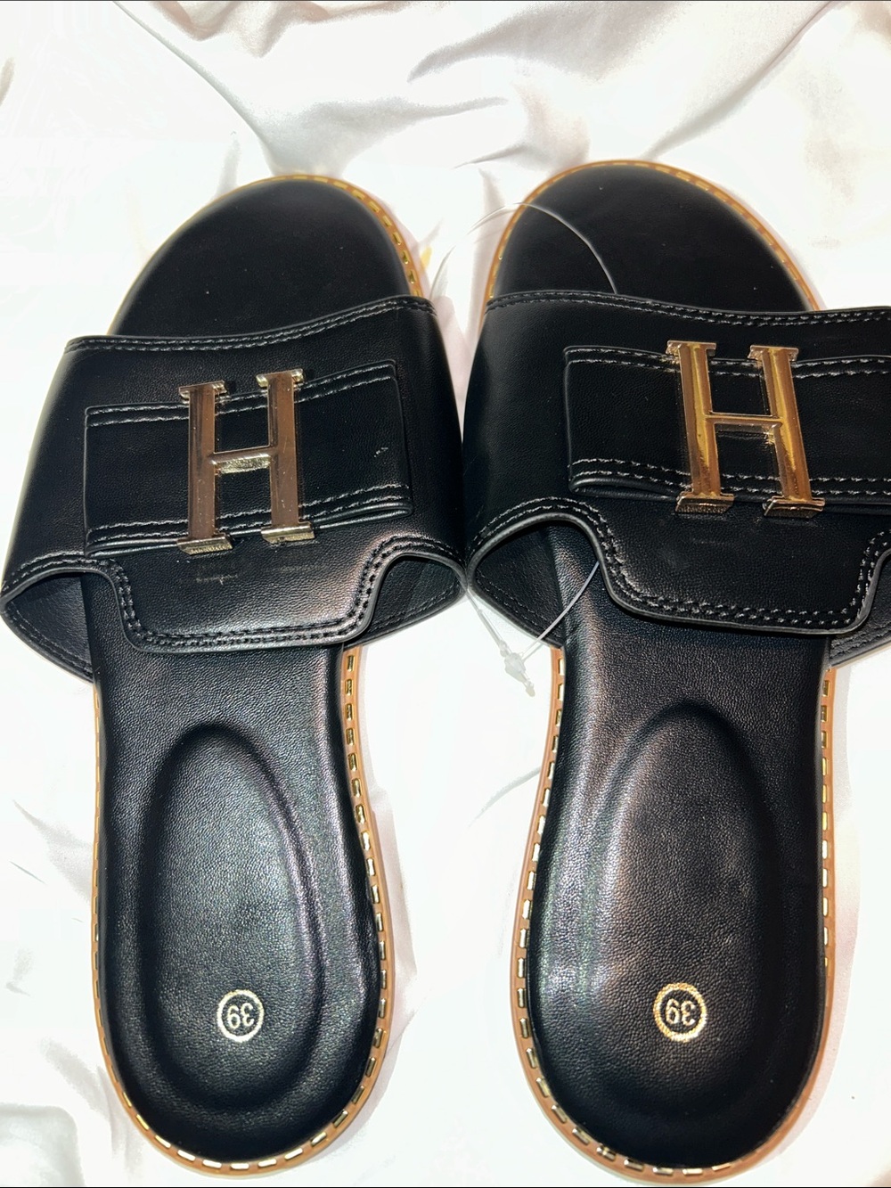 Black Leather Slide Sandals with Gold 'H' Accent